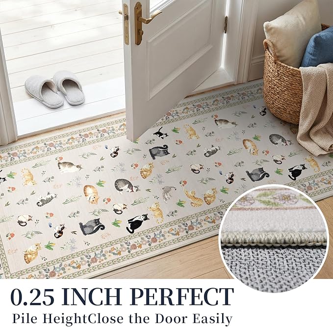 2x12 Washable Hallway Runner Rug - Soft Low Pile Floral Animal Cat Print Rugs with Non-Slip Backing Waterproof Stain-Resistant Indoor Carpet for Kitchen Entryway Bathroom Bedroom (Light Beige)