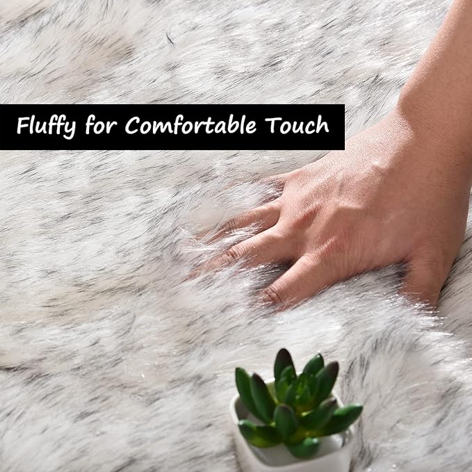 Goolela Faux Sheepskin Rug 2x6 Fluffy Fuzzy Furry Runner for Bedroom Bedside Plush - White with Grey Tips - Sheepskin
