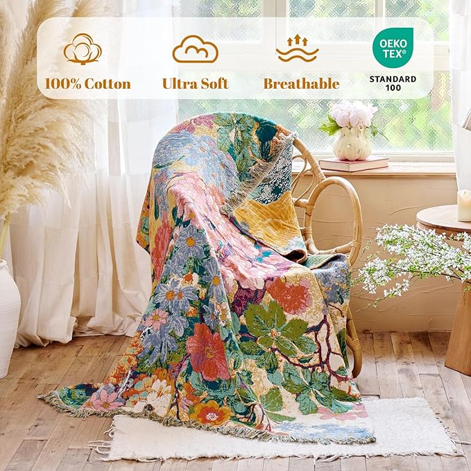 MSGKV Boho Throw Blanket for Bed 60"x80" Cotton Couch Blankets Floral Twin Size Spring Breathable Farmhouse Blankets All Seasons Lightweight Muslin