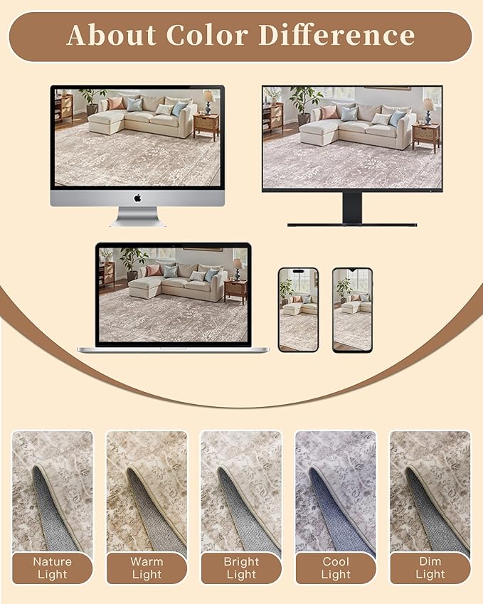 Madane Washable Area Rug 4x6, Low Pile Stain Resistant Vintage Area Rugs, Non Slip Accent Rug Floral Print Indoor Mat for Entryway Living Room Kitchen Bedroom, Brown/Sand