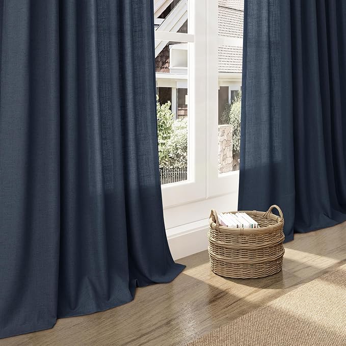 Nanspring Vintage Blue Linen Curtains 96 Inches Long 2 Panels Set for Living Room Bedroom Back Tab Rod Pocket Semi Sheer Light Filtering Drape for Bedroom Vintage Country Decor Protect Privacy 52x96