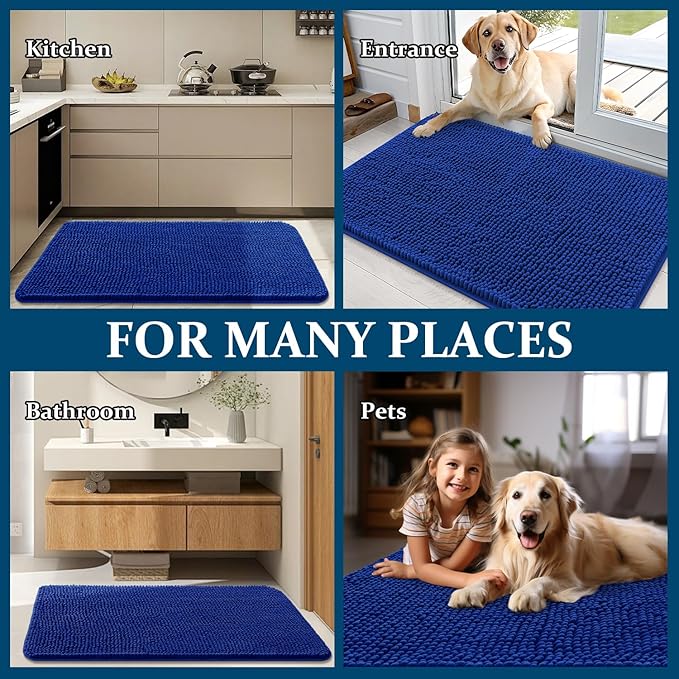 OLANLY Dog Door Mat for Muddy Paws 59x20, Absorbs Moisture and Dirt, Absorbent Non-Slip Washable Doormat, Quick Dry Chenille Mud Mat for Dogs, Entry Indoor Entryway Carpet for Inside Floor, Royal Blue