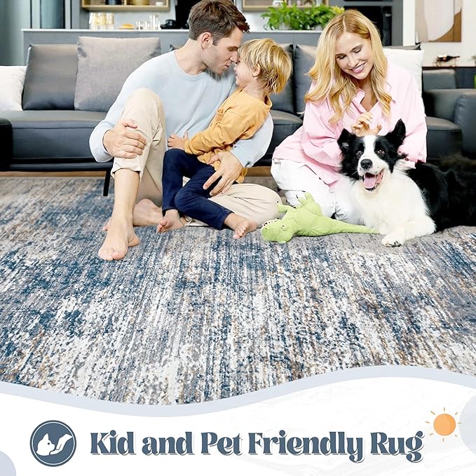 6x9 Area Rugs for Living Room, Washable Modern Abstract Large Area Rug Neutral Soft Non Slip Kids Rug Stain Resistant Indoor Carpet for Bedroom Nursery Dining Room Playroom(BlueWhite, 6'x9')