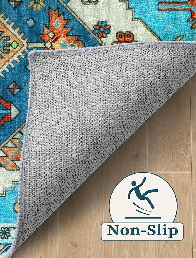SERISSA Boho Washable Runner Rug, 2x5 Rug Runner Non-Slip Vintage Blue Hallway Kitchen Runner Rug Ultra Soft Print Distressed Tribal Floor Carpet Runner for Bedroom Bathroom Laundry Living Room