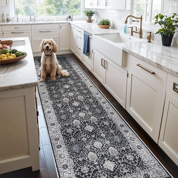 Hallway Washable Runner Rug - 3x10 Kitchen Rugs Entryway Rug Runner Vintage Soft Floor Mat Non Slip Indoor Farmhouse Carpet for Bathroom Living Room Bedroom (3 X 10, Black)