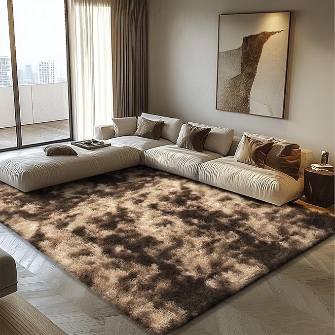 9x12 Fluffy Area Rugs for Living Room,Large Fuzzy Shag Area Rug for Bedroom,Soft Non-Shedding Indoor Plush Carpet for Kids Bedroom Nursery Home Decor,Tie-Dyed Coffee