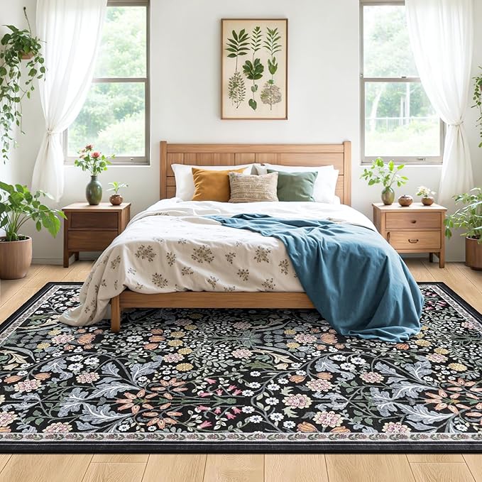 6x9 Area Rugs for Living Room: Floral Washable Rug Vintage Large Soft Boho Non-Slip Carpet Indoor Stain Resistant Thin Carpets for Bedroom Dining Room Farmhouse Nursery Hallway Home Office Dark Black