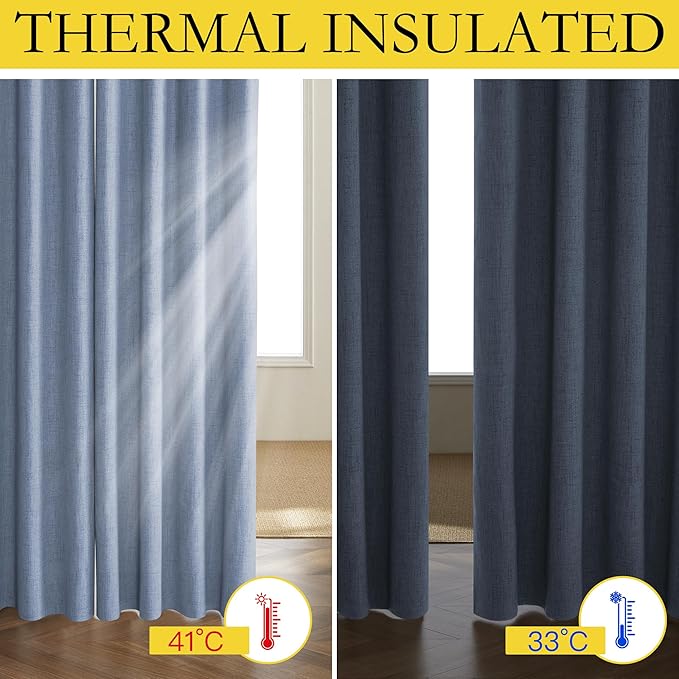 NICETOWN Stone Blue Vintage Linen 100% Blackout Curtains for Living Room, Thermal Insulated Curtains 95" Long, Noise Reducing Window Treatment Drapes for Bedroom, 52" Wide Per Panel, Set of 2