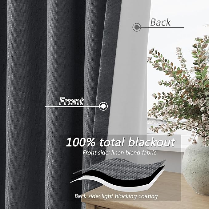 Guken 100% Blackout Curtains 96 Inch Length 2 Panels Set for Living Room Bedroom Back Tab Thermal Insulated Black Out Linen Drapes Room Darkening Blazer Grey,52x96