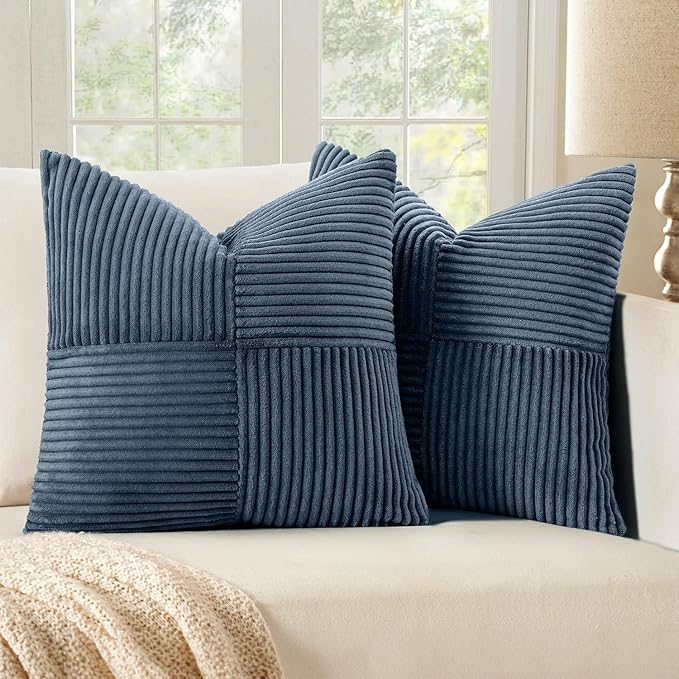 MIULEE Blue Decorative Euro Sham Pillow Covers 24x24 Inch for Bed Couch Sofa Pack of 2 Boho Farmhouse Throw Pillows Soft Cross Corduroy Patchwork Textured Cushion Cases