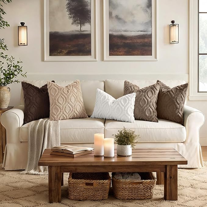 decorUhome Throw Pillow Covers 26x26 Inch Set of 2, Soft Plush Faux Wool Light Brown Solid Couch Pillow Covers, Accent Euro Sham Farmhouse Neutral Square Pillow Cases for Sofa Bed Living Room