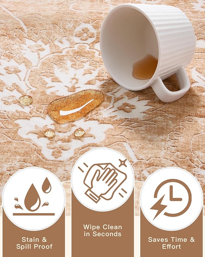 Madane 9x12 Area Rugs for Living Room, Machine Washable Vintage Rug with Non-Slip Backing, Soft Floral Print Large Throw Rugs, Thin Carpet for Bedroom Dining Room Farmhouse (9 x 12, Jasper Orange)