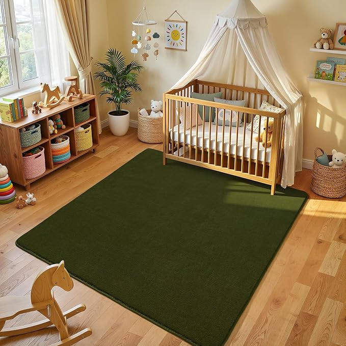 Amearea 5x5 Square Area Rugs for Bedroom Living Room, Olive Green Thickened Memory Foam Rug, Fluffy Indoor Washable Rugs Non Slip Minimalist Carpet for Kids Boys Girls Dorm Nursery Room Decor