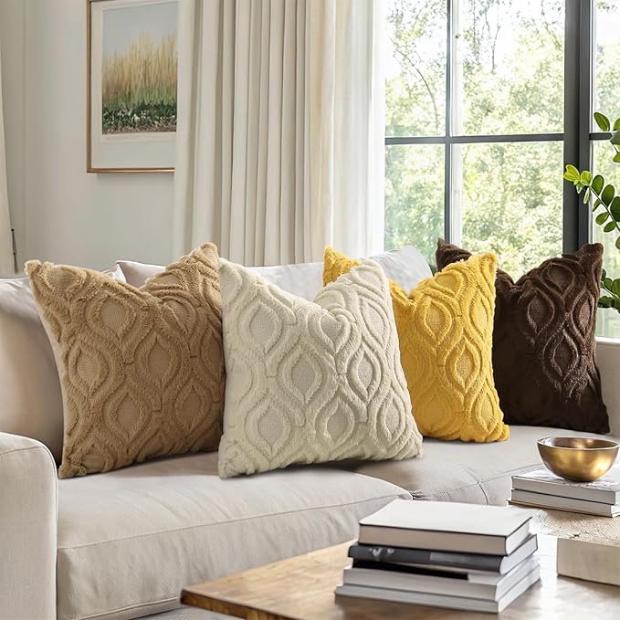 decorUhome Throw Pillow Covers 24x24 Inch Set of 2, Soft Plush Faux Wool Beige Solid Couch Pillow Covers, Accent Euro Sham Farmhouse Neutral Square Pillow Cases for Sofa Bed Living Room