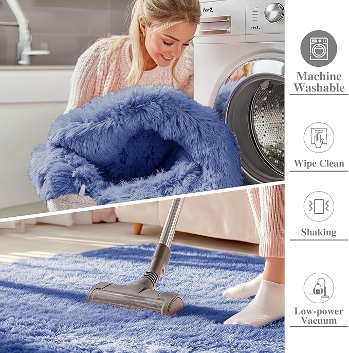 OLANLY 9x12 Machine Washable Large Area Rugs for Living Room, Bedroom, Soft Fluffy Shaggy Bedside Rug, Indoor Floor Carpet for Kids Girls and Boys, Dorms, Nursery, Home Decor Aesthetic, Denim Blue