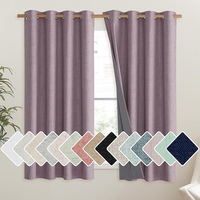 NICETOWN Chaise Mauve Vintage Linen 100% Blackout Curtains for Living Room, Thermal Insulated Curtains 48" Long, Noise Reducing Window Treatment Drapes for Hall Room, 52" Wide Per Panel, Set of 2