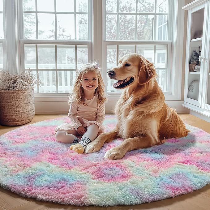 ONASAR Rainbow Round Area Rug 4ft, Soft Bedroom Circle Rugs Mats for Kids Girls Teen Room, Kawaii Fluffy Plush Shaggy Carpet for Baby Nursery Living Room Playroom Home Decor Princess Castle
