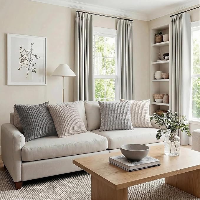 Fancy Homi Set of 4 Grey and White Decorative Throw Pillow Covers 18x18 Inch for Couch Bed Chair, Modern Farmhouse Boho Room Decor, Soft Fuzzy Double Sided Corduroy Textured Striped Cushion Case 45cm