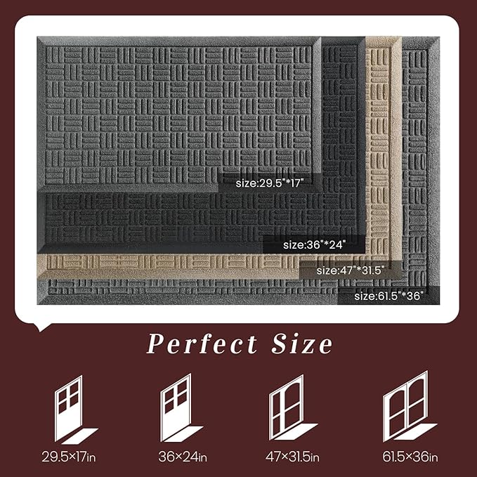 Mibao Front Door Mat Indoor Outdoor Entrance, Dirt Trapping Waterproof All-Season, All-Weather Doormat, Non-Slip Durable Natural Rubber Low Profile Easy Clean Patio Entrance Mat, 29.5" x 17", Black