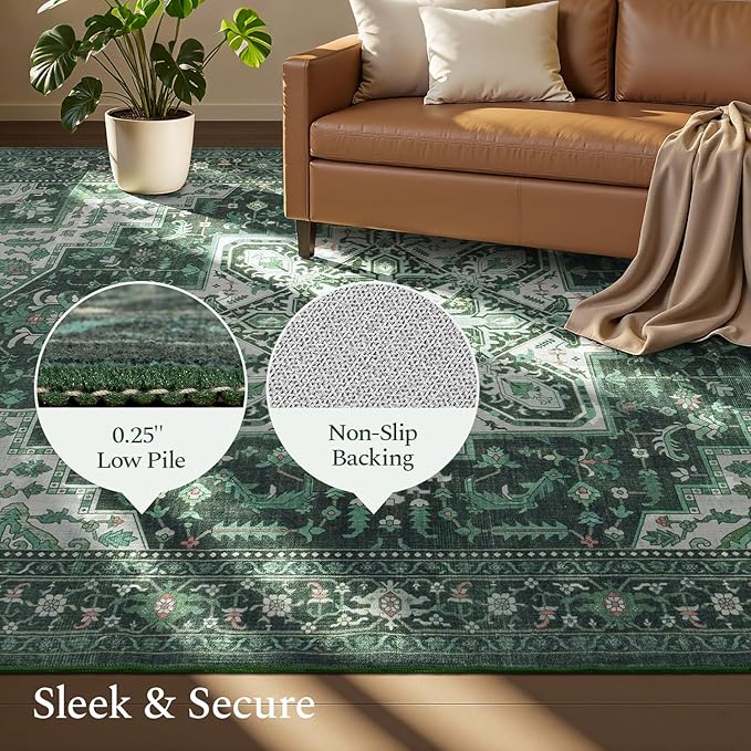Rugflix 3x5 Area Rugs for Living Room, Machine Washable Rug Non Slip Stain Resistance, Small Rug Vintage Distressed Soft Carpet for Bedroom, Dining Room, Home Office, Green