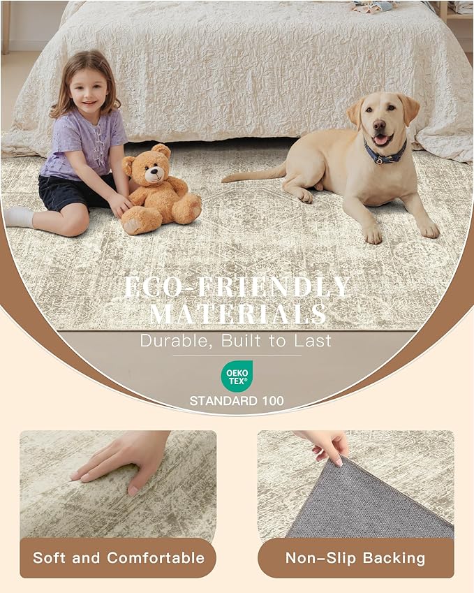 Madane 6x9 Area Rugs for Living Room, Machine Washable Vintage Beige Rug with Non-Slip Backing, Soft Throw Rugs, Thin Stain Resistant Carpet for Bedroom Dining Room Farmhouse Home Office