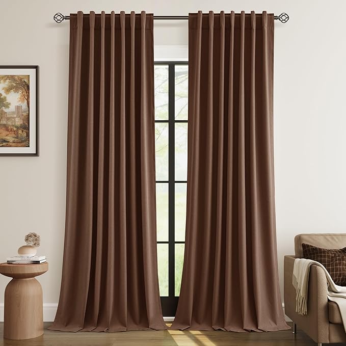 Guken 100% Blackout Curtains 96 Inch Length 2 Panels Set for Living Room Bedroom Back Tab Thermal Insulated Black Out Linen Drapes Room Darkening Window Curtains 96 Inches Long,Rustic Brown