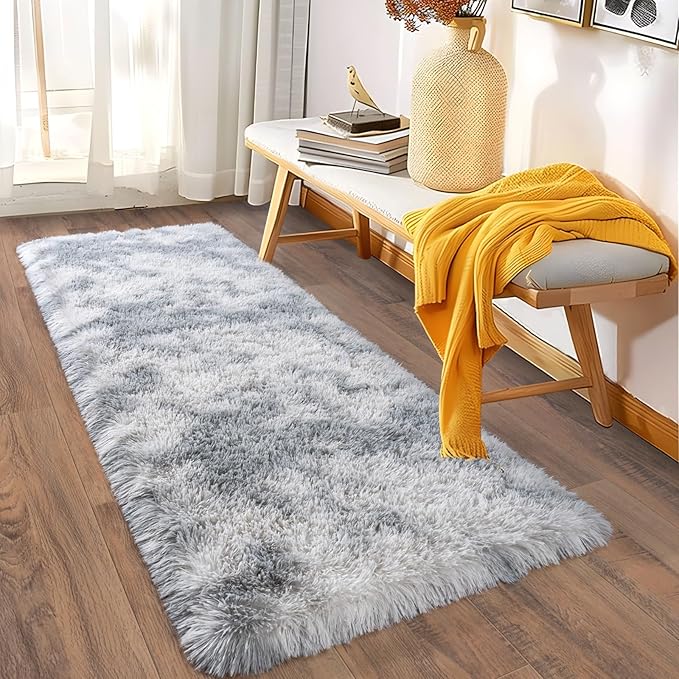 Ultra Soft Runner Rugs for Bedroom Hallways with Upgraded Non-Slip Rubber Backing & Thick Memory Sponge, 2x5 Feet Fluffy Shag Throw Area Rug for Bedside Dorm Tie-dye Light Grey