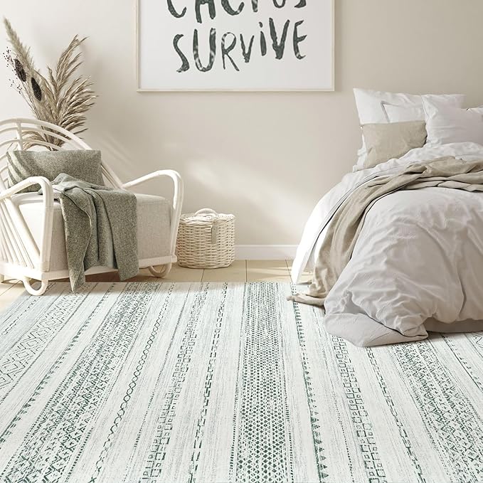 Nakagishi Green Rug Living Room Rugs: 8x10 Washable Boho Large Neutral Soft Farmhouse Stain Resistant Modern Non Slip Indoor Floor Carpet for Bedroom Nursery Kids Playroom Office Dining Room Home