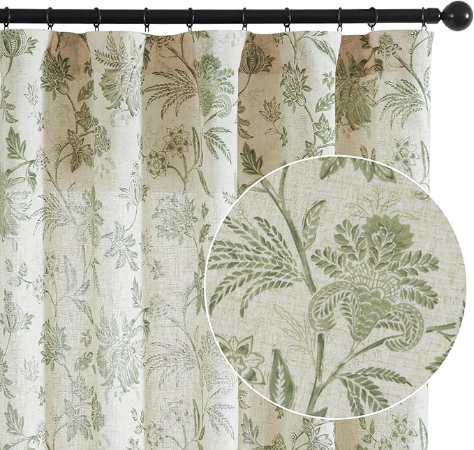 jinchan Linen Floral Curtains for Living Room with Printed Flower 96 Inches Long Light Filtering French Country Back Tab Rod Pocket Sage Green Window Curtain Set Farmhouse Drapes 2 Panels