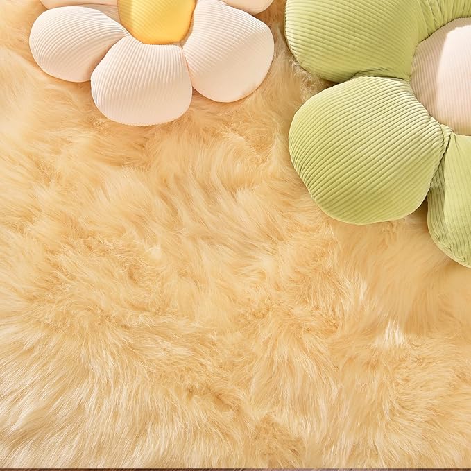 Latepis Yellow Rug for Bedroom Runner 2x5 Washable Faux Sheepskin Fur Rug Fluffy Shag Rugs for Chair Cushions Luxury Room Décor, Runner