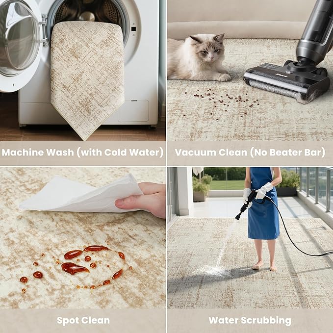 6x9 Area Rugs for Living Room Washable Rug: Anti-Skid Abstract Modern Living Room Rug Soft Thin Carpets Indoor Floor Non-Shedding Carpet for Bedroom Dining Farmhouse Nursery Home Office Beige White