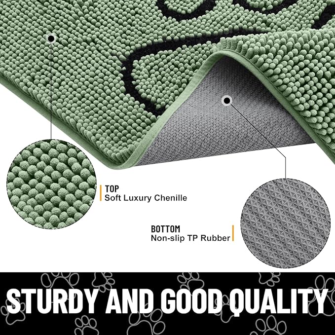 Smiry Dog Door Mat for Muddy Paws, Absorbent Dirt Trapper Non Slip Quick Dry Washable Chenille Mat for Mud Dogs, Entry Rug for Indoor and Outdoor (30x20 Inches, Olive Green and Black)
