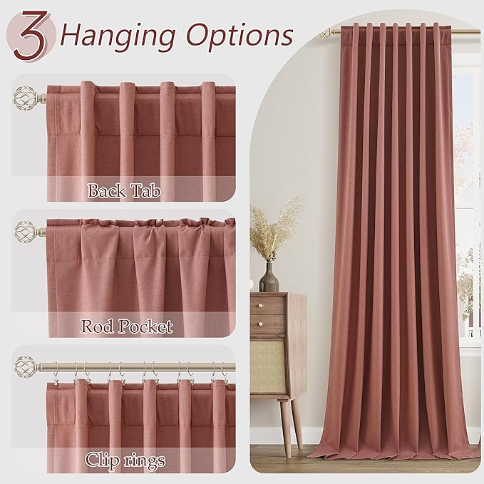 Dusty Rose 100% Blackout Linen Curtains 108 Inch Length 2 Panels Set for Girls Bedroom Back Tab Thermal Insulated Black Out Drapes Room Darkening Farmhouse Style for Bedroom Window Curtains 52x108