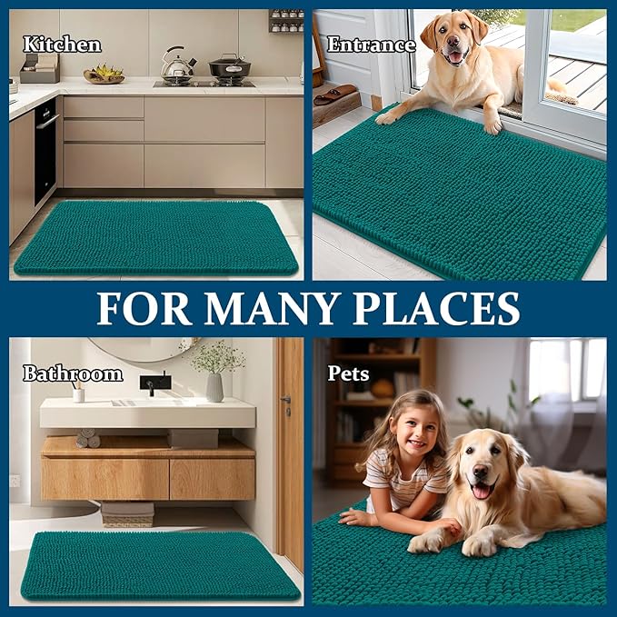 OLANLY Dog Door Mat for Muddy Paws 35x24, Absorbs Moisture and Dirt, Absorbent Non-Slip Washable Doormat, Quick Dry Chenille Mud Mat for Dogs, Entry Indoor Entryway Carpet for Inside Floor, Lake Blue