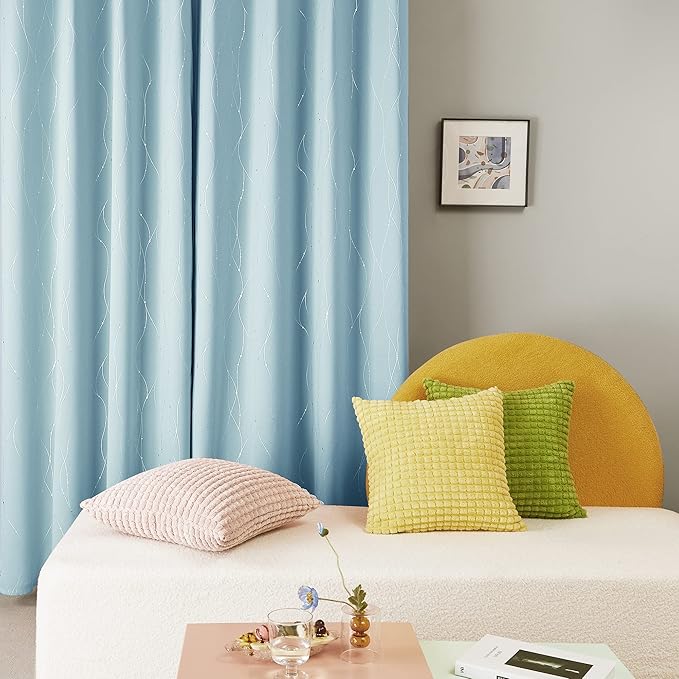 Deconovo Blackout Curtains, Thermal Insulated Soundproof Grommet Drapes, Wave Dot Foil Print, 52 x 45 Inch, Set of 2, Machine Washable Window Panel for Bedroom Living Room Nursery Kitchen, Light Blue