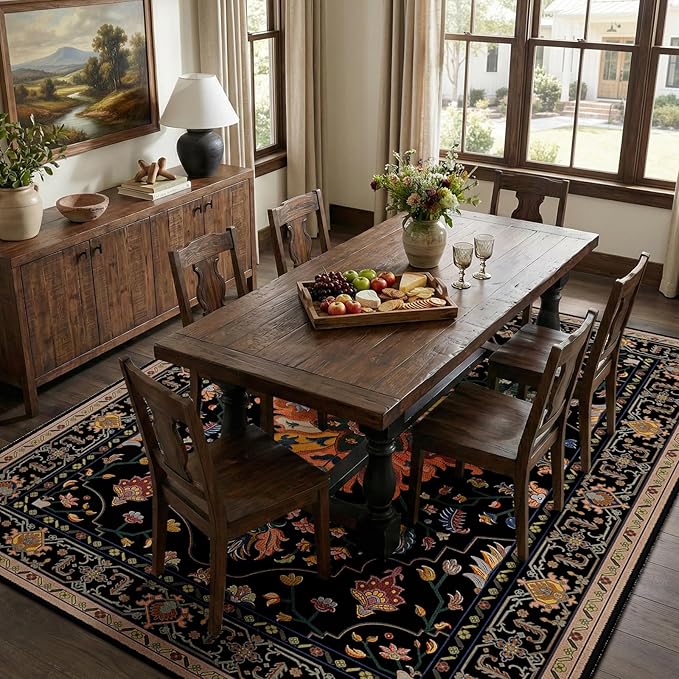 RELEANY Area Rugs 6'x9' Washable Non-Slip, Floral Vintage Distress Print Pattern Medallion Carpet for Living Room Bedroom Dining Room, Black Colorful Floral Dark Tan