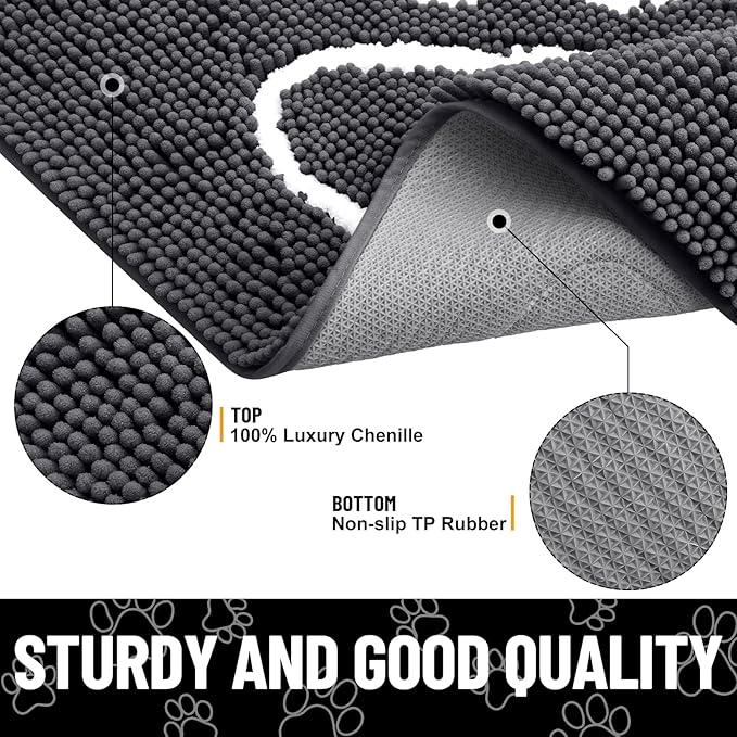 Smiry Dog Door Mat for Muddy Paws, Absorbent Dirt Trapper Non Slip Quick Dry Washable Chenille Mat for Mud Dogs, Entry Rug for Indoor and Outdoor (44x32 Inches, Dark Grey and White)