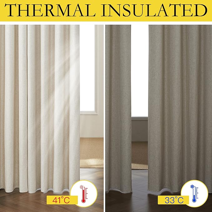 NICETOWN Natural Thick Linen Blend 100% Blackout Curtains with White Liners, Rustic Grommet Thermal Insulated Flax Textured Full Blackout Window Draperies for Bedroom (2 Panels, 42" W by 63" L)
