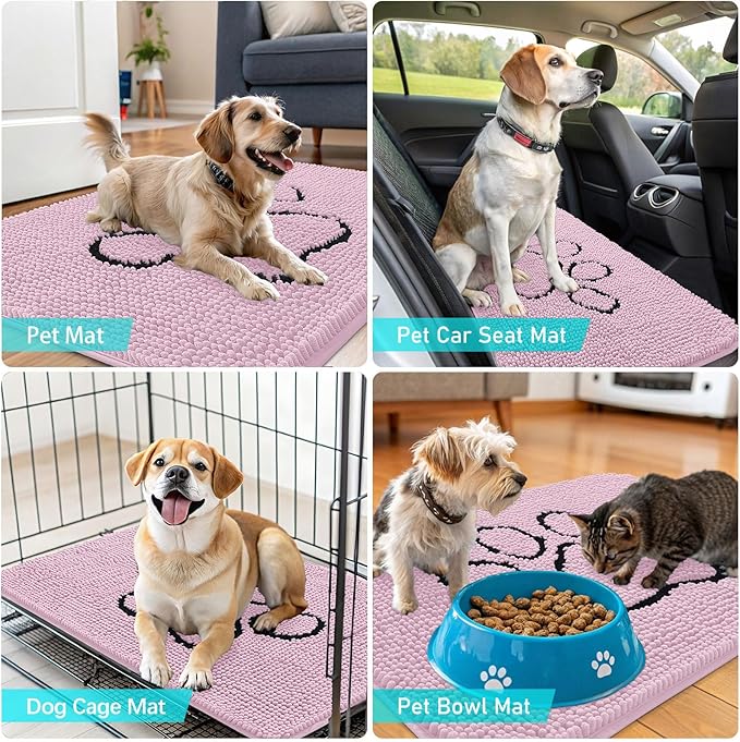 OLANLY Dog Door Mat for Muddy Paws 36x24, Paw Print Design, Absorbs Moisture and Dirt, Non-Slip Washable Doormat, Quick Dry Chenille Mud Mat for Dogs, Entry Indoor Entryway Carpet, Dusty Rose