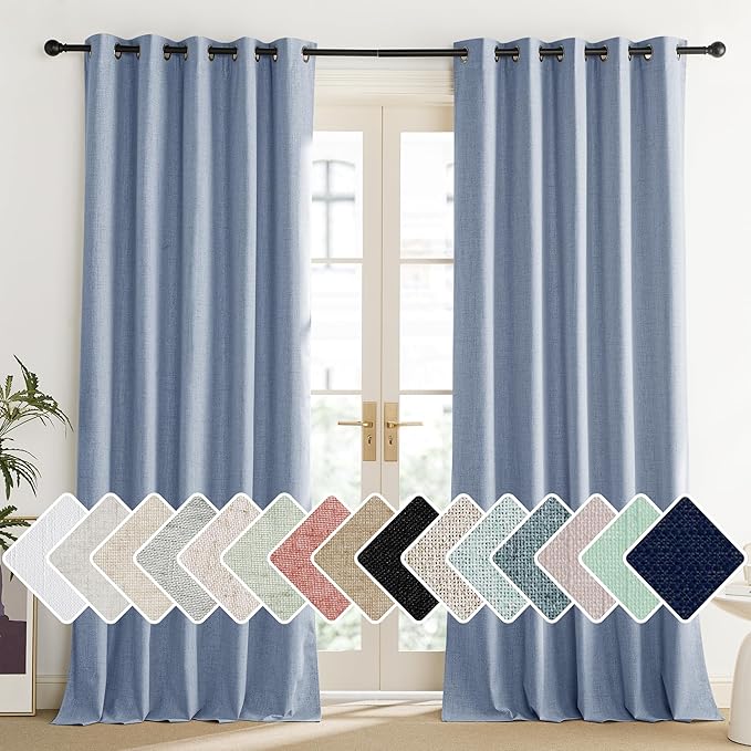 NICETOWN Stone Blue Vintage Linen 100% Blackout Curtains for Living Room, Thermal Insulated Curtains 120“ Long, Noise Reducing Window Treatment Drapes for Home Office, 62" Wide Per Panel, Set of 2