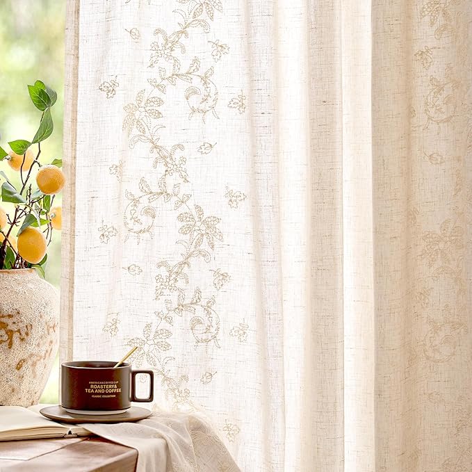 jinchan Evelyn Embroidered Linen Curtains for Living Room Farmhouse Floral Curtains for Bedroom Semi Sheer Light Filtering Window Drapes Rod Pocket Back Tab 2 Panels W50 x L96 Ivory