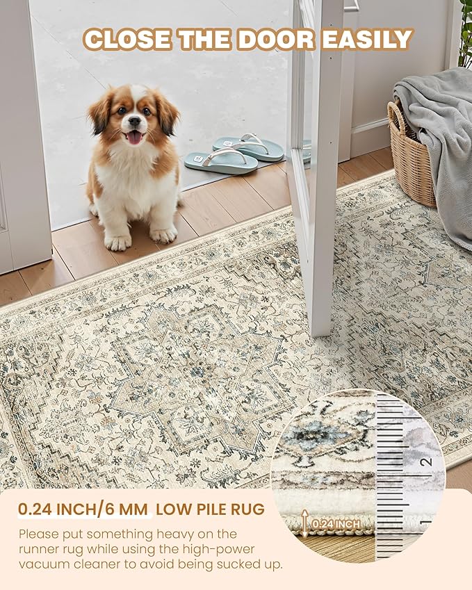 Hallway Runner Rug 2x12, Extra Long Washable Runner Rugs with Rubber Backing, Non Slip Runner, Vintage Rug Runners for Kitchen Laundry Room Entryway (Brown/Beige,2'x12')