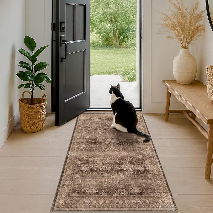 Brown Boho Washable Entry Rug, 3x4 Rugs for Entryway Kitchen Bathroom Door Mat Indoor Entrance, Non Slip Rubber Backing, Stain & Fade Resistant, Earthy Taupe Floral Design