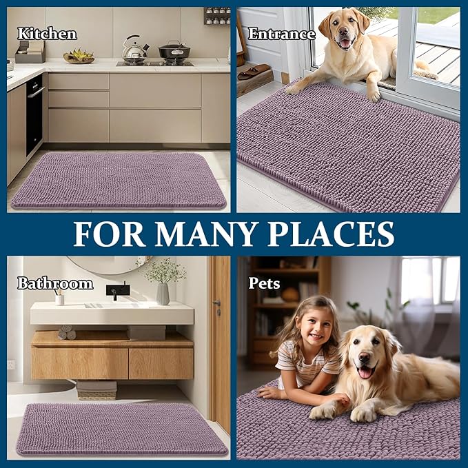 OLANLY Dog Door Mat for Muddy Paws 40x24, Absorbs Moisture and Dirt, Absorbent Non-Slip Washable Doormat, Quick Dry Chenille Mud Mat for Dogs, Entry Indoor Entryway Carpet for Inside Floor, Deep Plum