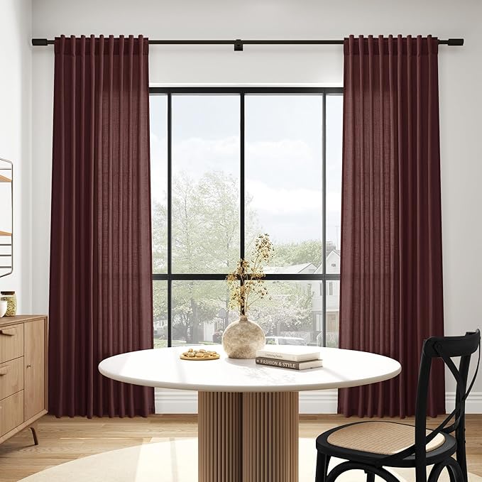 Reddish Brown Linen Curtains 72 Inch Long for Living Room Bedroom Lightweight Door Drapes 2 Panels Set, Semi Sheer Light Filtering Back Tab or Rod Pocket Curtain,52x72