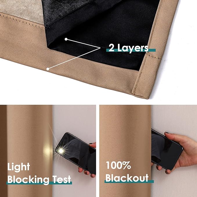 ChrisDowa 100% Blackout Curtains for Bedroom with Black Liner, 2 Thick Layers Total Blackout Thermal Insulated Grommet Small Window Curtains 2 Panels Set (Cappuccino, 42 x 54 Inch)