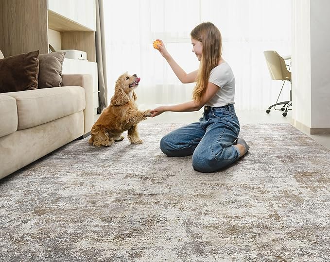 UERMEI 7x10 Area Rug Living Room Rugs - Washable Neutral Modern Abstract Soft Thin Large Rug Indoor Floor No Slip Rug Carpet for Bedroom Under Dining Table Home Office Decor - Brown Grey