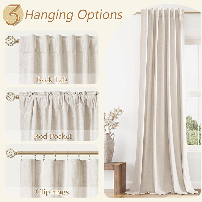 Guken 100% Blackout Linen Curtains 84 Inch Length 2 Panels Set for Living Room Bedroom Back Tab Thermal Insulated Black Out Drapes Room Darkening Farmhouse Style for Bedroom Window Curtains 52x84