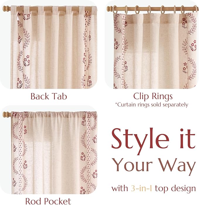 jinchan Belrose Linen Curtains for Bedroom Floral Curtains 96 Inch Length Linen Blend Burgundy Red Embroidered Drapes Farmhouse Flower Patterned Drapes for Living Room Window Treatments Set 2 Panels