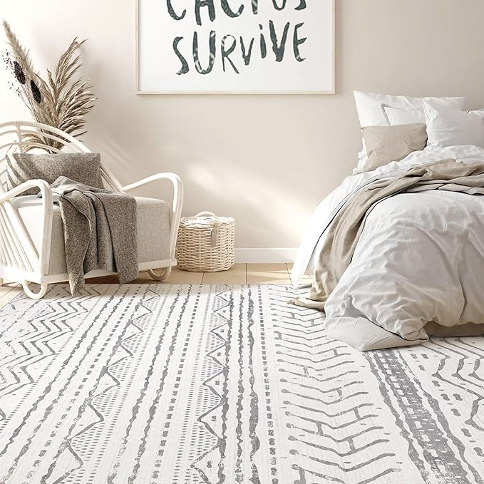 Nakagishi 5x8 Area Rug Living Room: Washable Boho Large Neutral Soft Rugs Farmhouse Stain Resistant Modern Indoor Non-Slip Carpet for Bedroom Nursery Kids Playroom Office Dining Room Dorm- Gray White